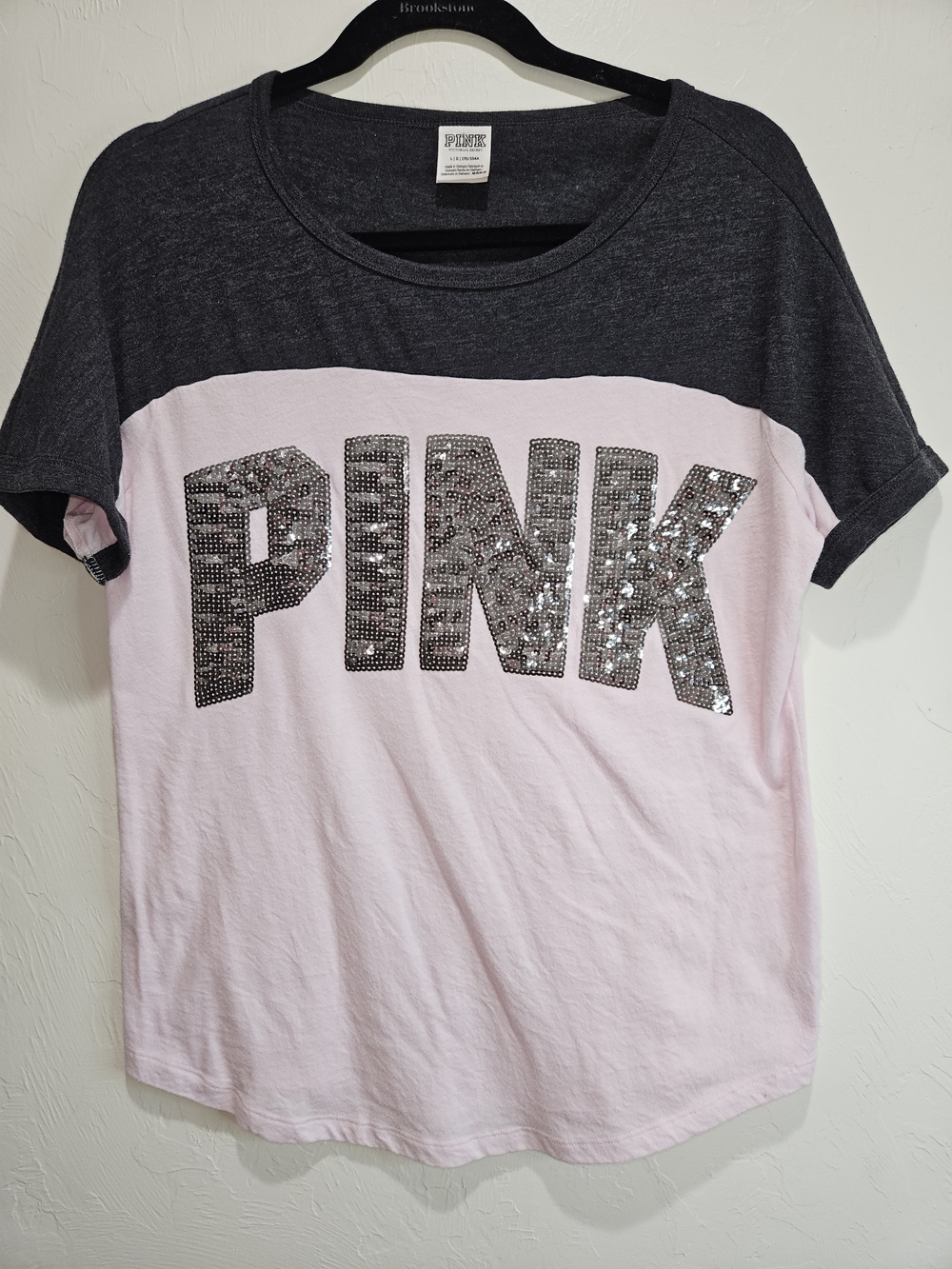 PINK Sequin Logo Colorblock Tee Pink Charcoal T-Shirt Short Sleeve Womens Large - Picture 3 of 9